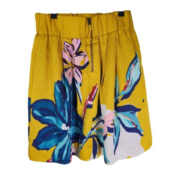 Anthropologie Maeve Textured Jacquard Skirt 4 Yellow Blue Floral Pleated Short - Picture 2 of 10